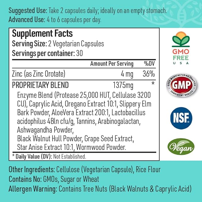 Candida Complex Digestive Enzymes Probiotic Cleanse Supplement Oregano Oil, Wormwood, Black Walnut Hulls, Slippery Elm, Ashwagandha, Caprylic Acid, Grape Seed Extract, NonGMO 120 Caps
