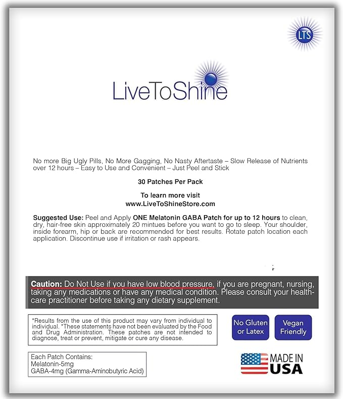 Live To Shine Melatonin Patches for Sleep - Plus GABA to Calm Busy Brains Fast - Perfect Combo for Men and Women - Slow Release - 30 Patches - USA Made