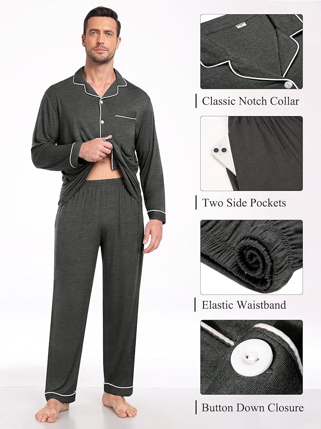 Men Modal Pajama Set Long Sleeve Pjs Button Down Sleepwear Soft Comfy Loungewear Sets 2 Piece Nightwear S-3XL