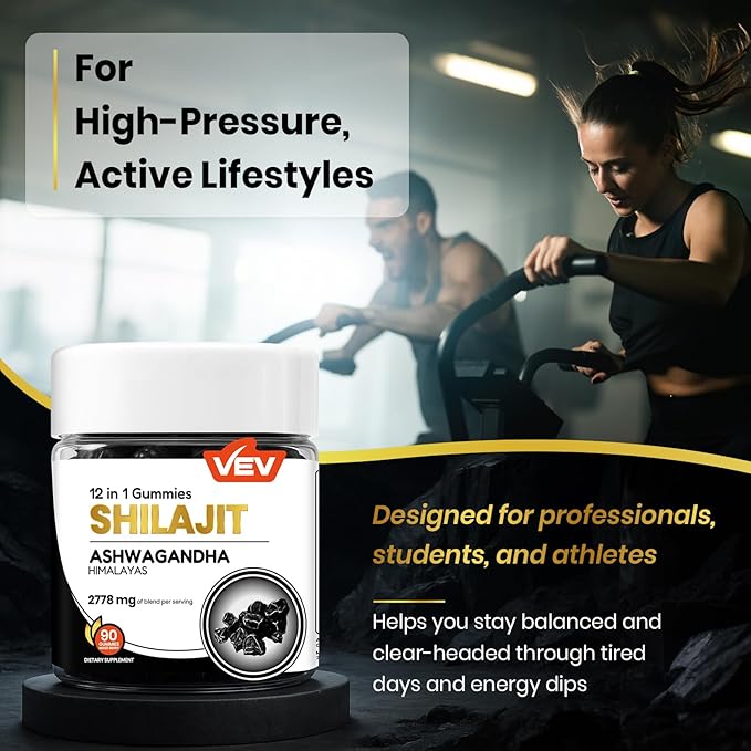 VEV Shilajit Gummies for Men & Women | 1000mg Shilajit & Ashwagandha Gummies with Sea Moss & L-Theanine for Energy, Vitality & Stress Balance | Vegan, No Added Sugar | 90 Count for Daily Wellness