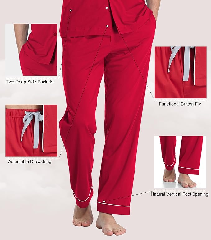 COLORFULLEAF Men's 100% Cotton Pajamas Set Button Down Sleepwear Short Sleeve and Long Pants Pjs