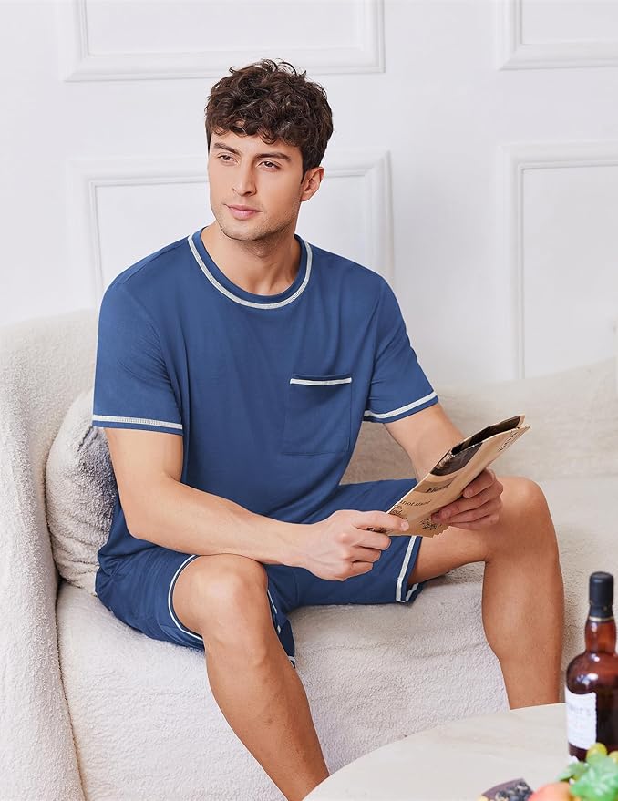 Ekouaer Men's Pajamas Set Casual Short Sleeve Shirts and Shorts Soft 2 Piece Loungewear With Pockets