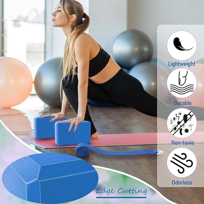Wettarn 30 Pack Yoga Block and Strap Set 15 Pcs Non-Slip Yoga Blocks with 15 Pcs Metal D Ring Stretching Exercise Workout Fitness Accessory for Gym