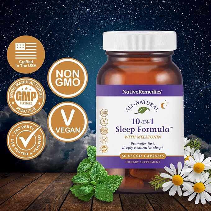 Native Remedies 10-in-1 Natural Sleep Aid for Adults & Kids 4+ – Herbal Sleep Supplement with Melatonin 5mg, Magnesium, Valerian Root, Chamomile & L-Tryptophan – Non-Habit Forming, Vegan, 60 Capsules