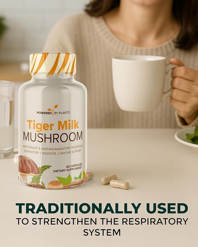 Tiger Milk Mushroom Supplement - 500mg Per Capsule with 50% Beta-Glucan - Supports Respiratory Function, Cognitive Clarity, Digestive Balance & Immune Wellness - 60 Count