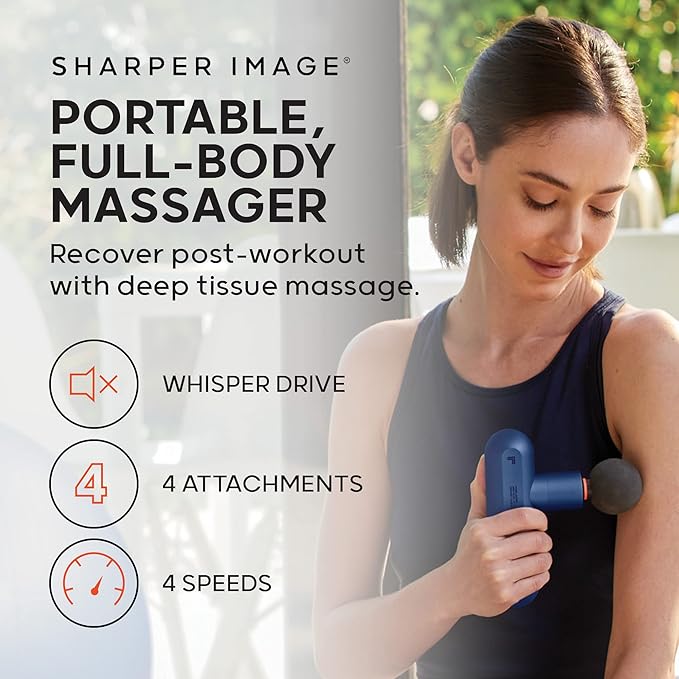 Sharper Image Powerboost Move - Mini Percussion Massage Gun| 4 Attachments, 4 Speeds, FSA Eligible| Full Body Back & Shoulder Massager| Deep Tissue Muscle Recovery| Portable Pain Relief Massage Tool