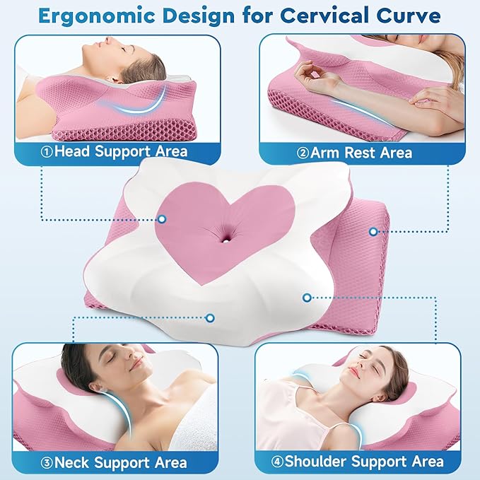 Cervical Neck Pillow, Memory Foam Neck Support Pillows for Sleeping, Shoulder Pillow for Side Sleepers, Back Stomach Sleepers, CertiPUR-US Certified, King Size, Pink