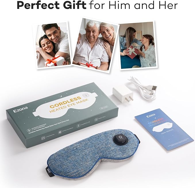 Ezona Cotton Cordless Heated Eye Mask, Warm Eye Compress Mask for Dry Eyes, Washable Eye Heating Pad for Travel, Dry Eyes, Blepharitis, Sinus Migraine (Blue)