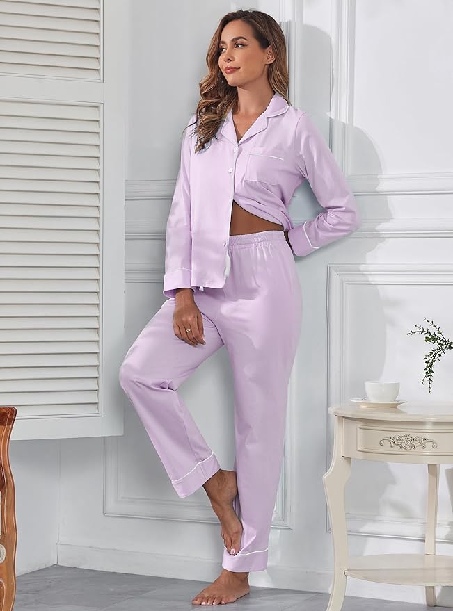 Veseacky 100% Cotton Pajamas for Women Set Long Sleeve Button Down Sleepwear Soft Pjs Lounge Sets with Pockets S-XXL