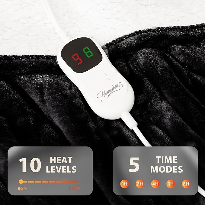 Homemate Electric Heated Blanket Full Size - 72"x84" Heated Bed Blanket Throw with 10 Heating Levels 8 Hours Auto Off Fast Heating Over-Heat Protection-Ultra Soft Flannel ETL Certified, Black