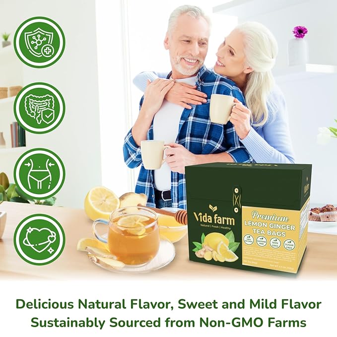 VIDA FARM 100 Lemon Ginger Tea Bags, 100% Natural Ingredients - Warming & Spicy Blend, Caffeine Free, Sugar Free, Non-GMO, Lemon & Ginger Herbal Tea Beverage