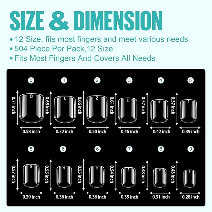 TOMICCA 504Pcs Acrylic Fake Nail Tips, Extra Short Square Press on Nails, 10 Sizes Full Cover Clear Natural Gel Nail Tips for Women and Girls DIY Nail Salon