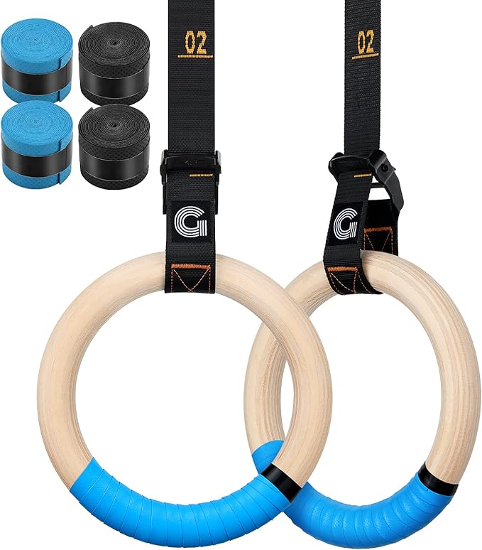Gonex Wooden Gymnastic Rings with Adjustable Number Straps, Olympic Rings for Gym, Workout, Exercise, Outdoor Training, Quick Install Carabiner, 8.5 ft Straps Pull Up Non-Slip Rings