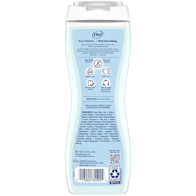 Dial Body Wash, Healthy Hydration, Hyaluronic Acid + Vitamin E, 16 fl oz (Pack of 4), Gentle, Leaves Skin Feeling Soft In 1 Shower, Dermatologist-Tested, No Parabens & Silicones