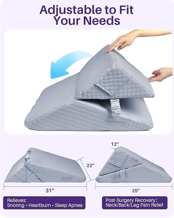 Adjustable Wedge Pillow for Sleeping Apnea, Acid Reflux Relief, Back Pain, Snoring & Post Surgery Recovery, Memory Foam Bed Wedge Pillow with Removable Washable Cover & Handle-Grey 9 & 12 Inch