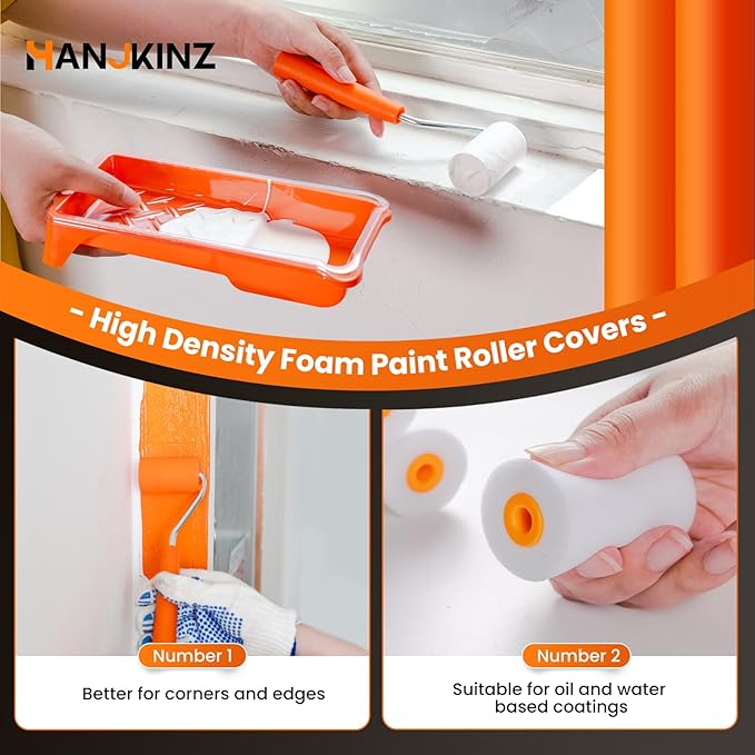 Foam Paint Roller, 18 Pcs 2 Inch Small Paint Roller Kit with 10 Pack High-Density Foam Paint Roller, Paint Tray and Liner, Mini Paint Roller for Painting Wall, Door, Cabinet, Furniture