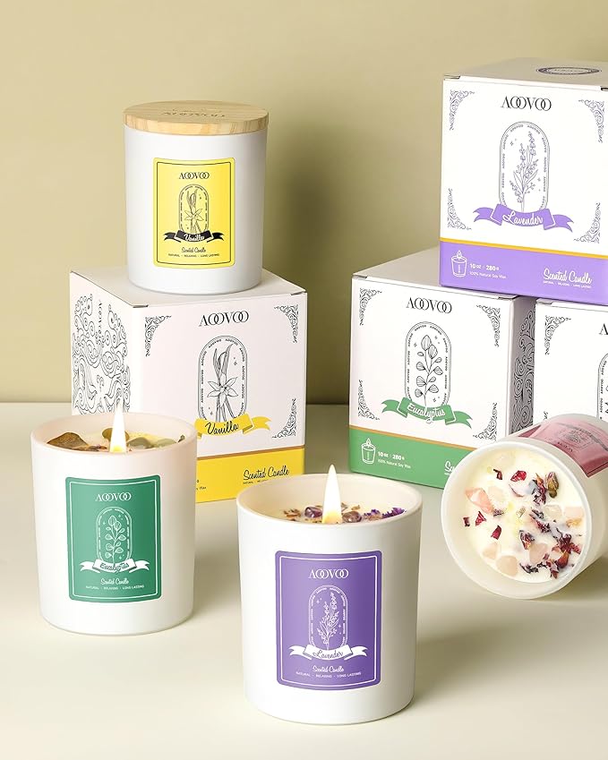 AOOVOO Lavender Scented Candles for Women - Aromatherapy Candle with Crystals Inside, 10oz Soy Candles for Home Scented, Birthday Gifts Mothers Day Candle for Women Mom
