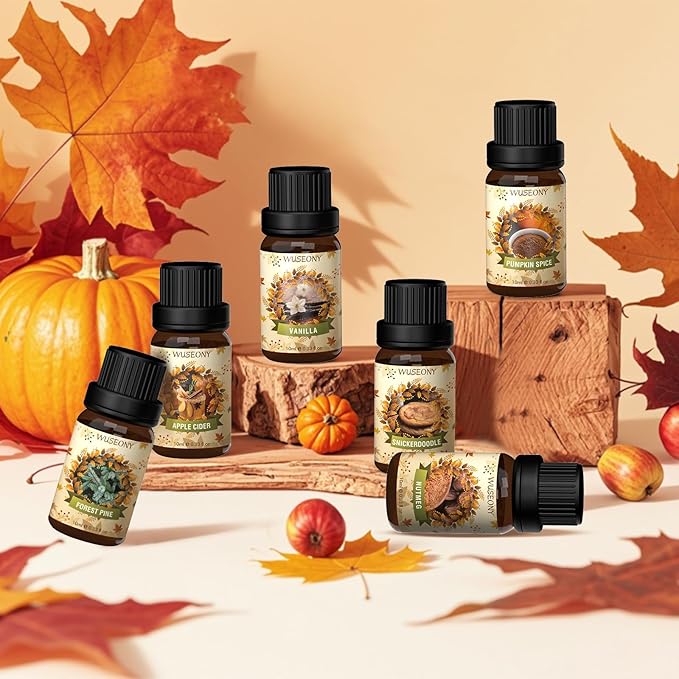 Fall Essential Oil for Diffusers, Autumn Fragrance Oil Set, Aromatherapy Oils Gift Set for Candle Soap Making - Apple Cider, Nutmeg, Snickerdoodle, Vanilla, Forest Pine, Pumpkin Spice, 6x10ml