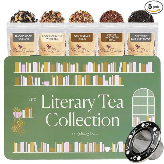 Literary Tea Collection Assorted Tea Gift Set - Hand-Crafted Loose Leaf Teas, Presentation Gift Box with Loose Leaf Steeper Included - Mixed Caffeine - 5 Unique and Flavorful Teas, 75+ Cups