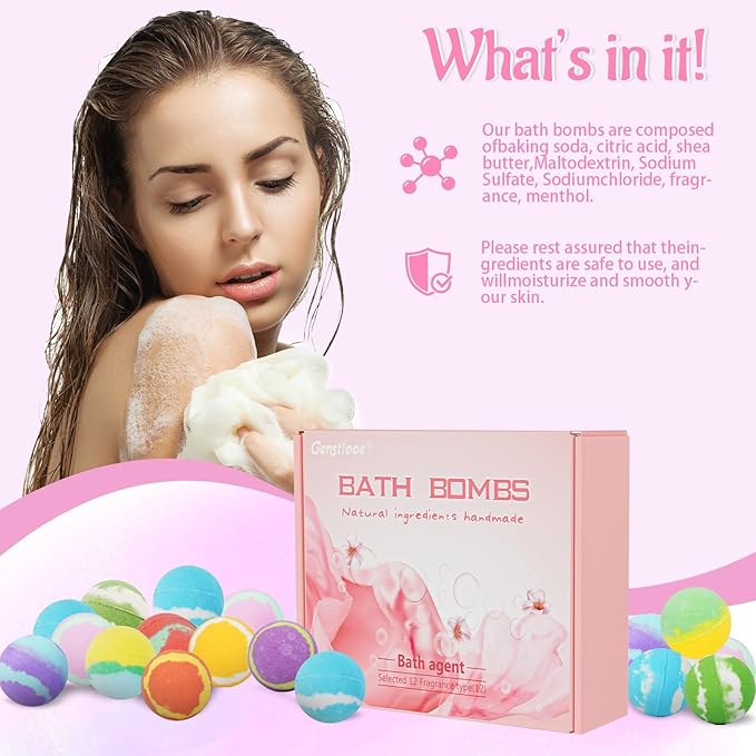 Luxury Bath Bombs Gift Set for Women, Girlfriend, Her, Girls, 12 Pcs XXL Organic Natural Lush Fizzy Shea Butter & Safe Oil Bathbombs for Skin Moisturizing, Bubble Spa Bath, Mothers Day Gift for Wife
