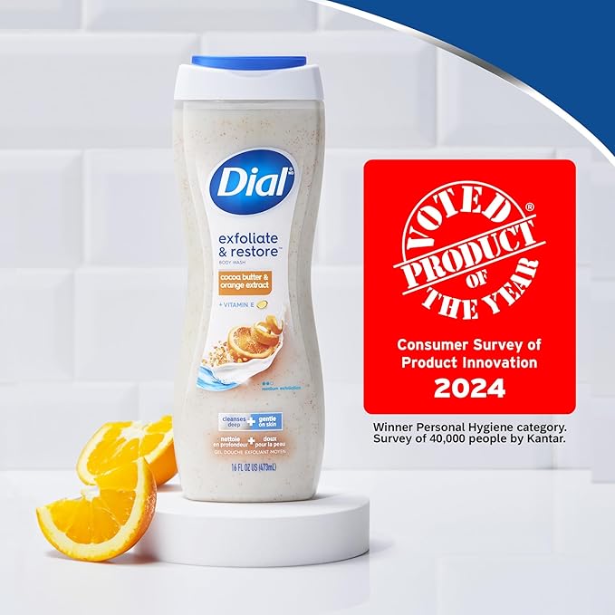 Dial Body Wash, Exfoliate & Restore Cocoa Butter & Orange Extract, 32 Fl Oz, With Vitamin E, Gentle, Leaves Skin Feeling Nourished, Dermatologist-Tested, No Parabens & Sulfates