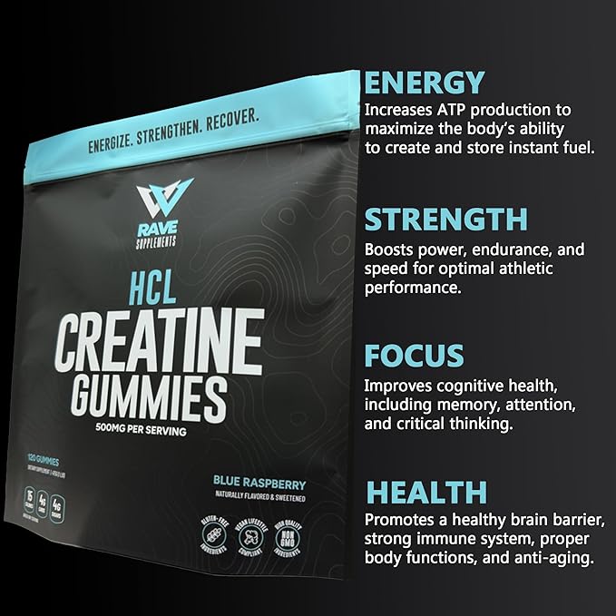 Rave Supplements Creatine HCl Gummies โ 500mg Per Serving โ All Natural, Organic Ingredients, Blue Raspberry Flavor โ Made in USA