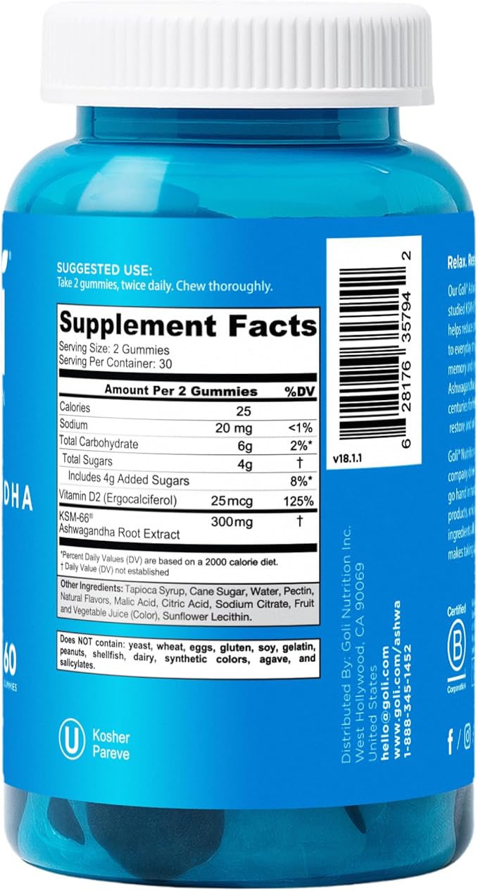 Goli Ashwagandha & Vitamin D Gummy - 60 Count - Mixed Berry, KSM-66, Vegan, Plant Based, Non-GMO, Gluten-Free & Gelatin Free Relax. Restore. Unwind, Pack of 1
