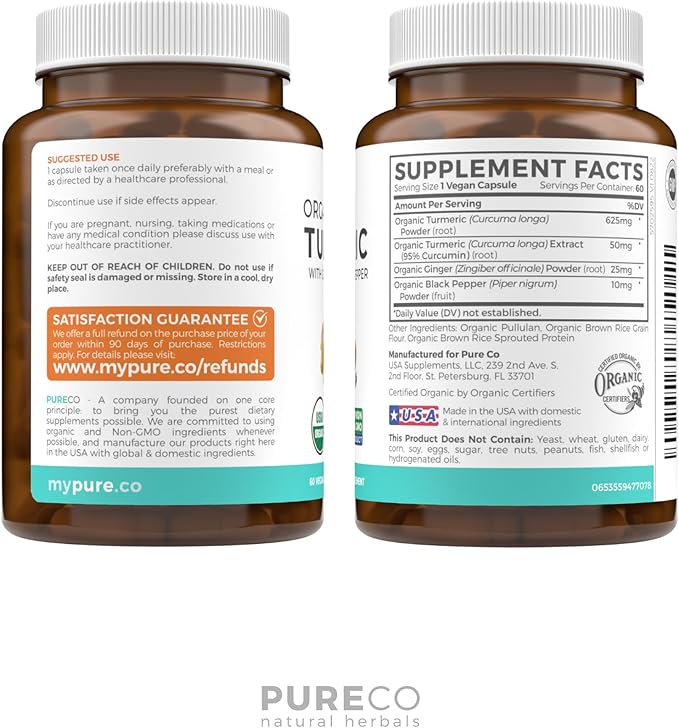 Organic Turmeric Ginger Black Pepper Supplement - High Potency Organic Turmeric Curcumin Capsules with Ginger & Black Pepper for Enhanced Benefits and Absorption - Vegan & Non-GMO (1 Month Supply)
