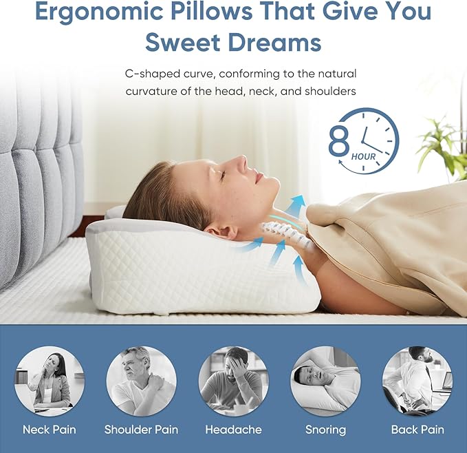 DUMOS Cervical Neck Pillow Set of 2, Cooling Memory Foam Contour Pillow with Arm Rest Slot and Ice Silk Pillowcase, Ergonomic Dual-Height Orthopedic Support for Side, Back, and Stomach Sleepers, Grey