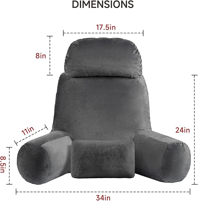NOONTIDE Reading Pillow for Sitting up in Bed and Couch,32" X-Large Back Pillow for Adult & Teens with Soft Adjustable Neck Roll Backrest Pillow,Washable Cover,Watching TV/Gaming/Relaxing(Darkgrey)