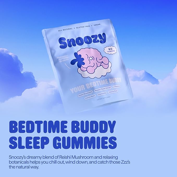 Snoozy Bedtime Buddy, Reishi Mushroom Sleep Gummies | Chamomile, Valerian Root, Lemon Balm Extract | Natural Sleep Aid, Melatonin Free | Raspberry Flavored, 60 Gummies, 1 Pack