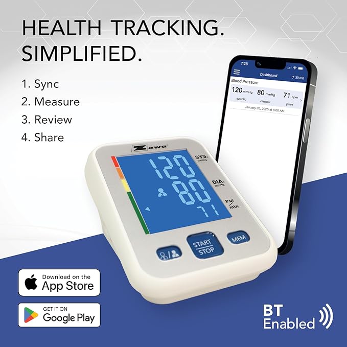 Zewa Premium Automatic Blood Pressure Monitor with Bluetooth and Extra-Large Display for Android & iOS