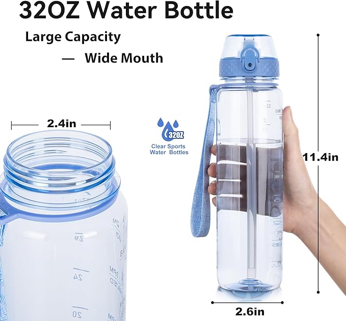 GOPPUS Clear Water Bottle With Straw 32oz Clear Sports Water Bottles Motivational with Time Marker Tritan BPA Free Clea Plastic Water Bottle Wide Mouth for Gym Travel Home School Office