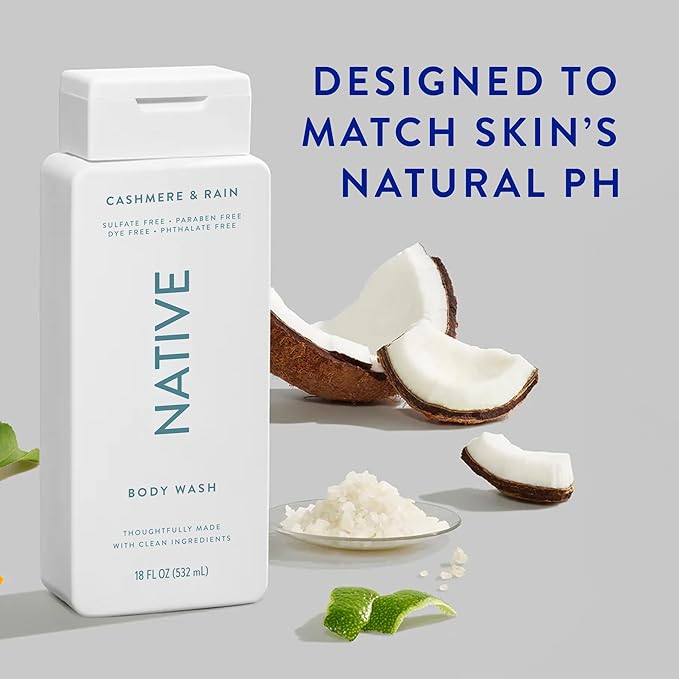 Native Body Wash Contains Naturally Derived Ingredients | For Women & Men, Sulfate, Paraben, & Dye Free Leaving Skin Soft and Hydrating | Cashmere & Rain 18 oz - 2 Pk