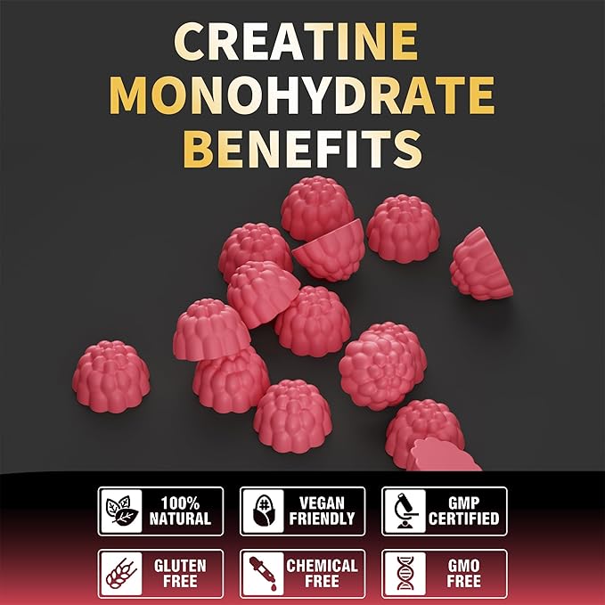 Nutravita Creatine Monohydrate Gummies for Men & Women-5g of Creatine Monohydrate per Serving - Sugar Free,Vegan, Raspberry Flavor, 120 Count