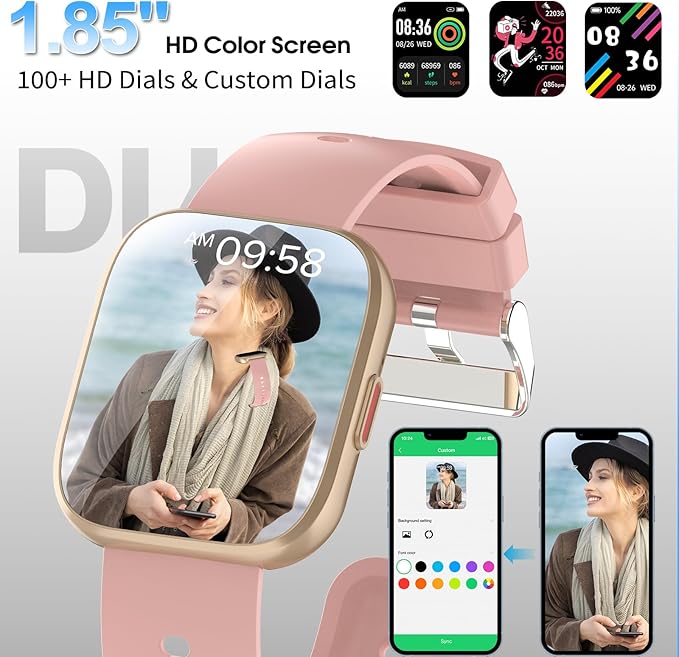 Smart Watch for Men Women Bluetooth Call, 2025 New 1.85" HD Smartwatch, Fitness Watch with 120+ Sport Modes, IP68 Waterproof, Heart Rate/Sleep Monitor, Pedometer, Activity Tracker for Android iOS,Pink