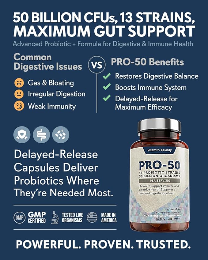 Vitamin Bounty Pro-50 Probiotics 50 Billion CFU for Women & Men - 13 Multi Strain Probiotic + Prebiotic - Digestive Health Supplements for Gut Health Support - Delayed Release Capsules for Men & Women