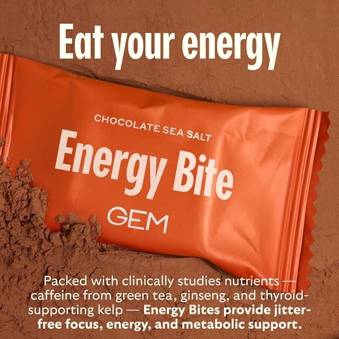 GEM Energy Caffeinated Bite, 40mg Caffeine, Ginseng Root, L-Theanine, Holistic Sustained Energy, Supports Metabolism, Stamina & Endurance | Chocolate Cacao Sea Salt | 28 Servings