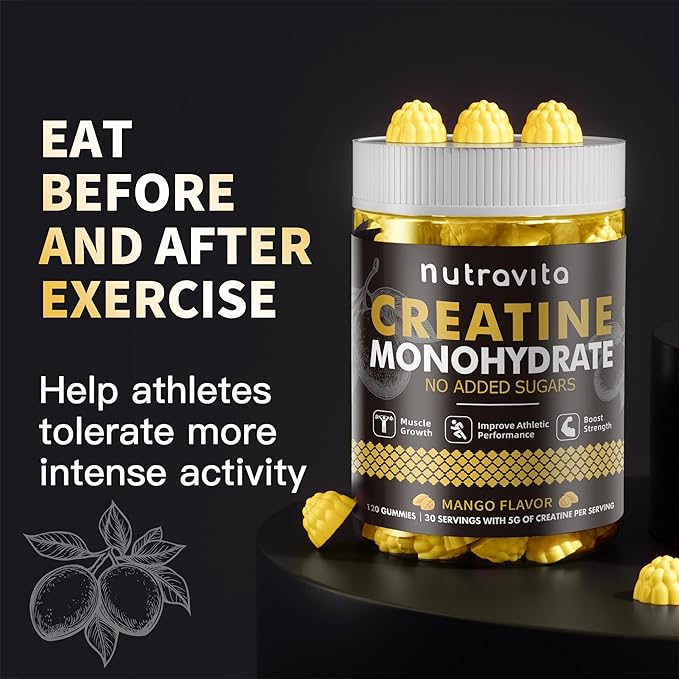 Nutravita Creatine Monohydrate Gummies for Men & Women-5g of Creatine Monohydrate per Serving - Sugar Free,Vegan, Mango Flavor, 120 Count