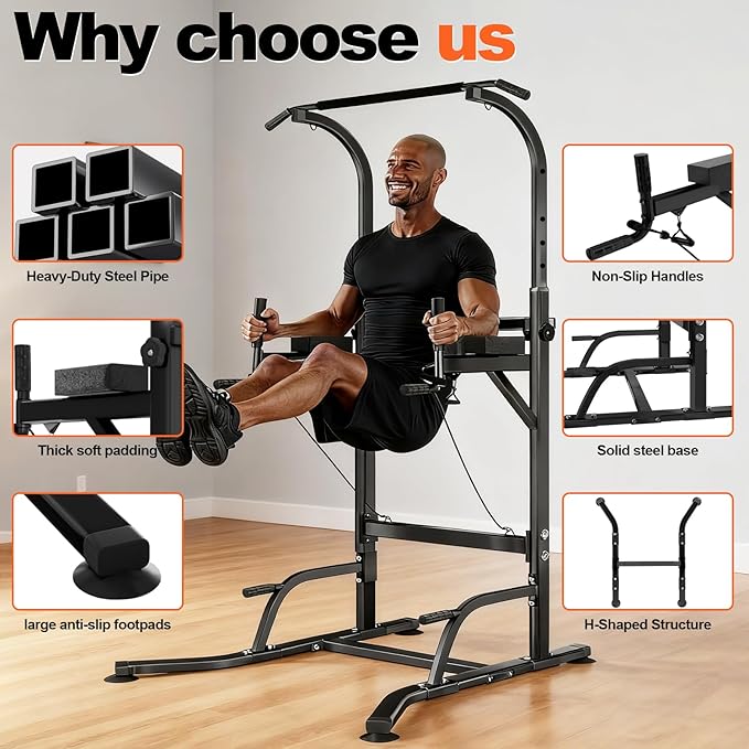 Pull Up Bar and Dip Station Power Tower, Adjustable Height Strength Training Equipment for Home Gym, Multi-Function Workout Machine