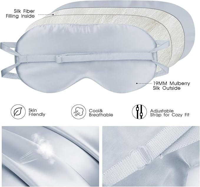 Silk Eye Mask for Sleep with Adjustable Strap for Women/Men/Adults Large 100% Mulberry Silk Sleeping Mask for Travel/Plane/Side Sleeper,Light Blue