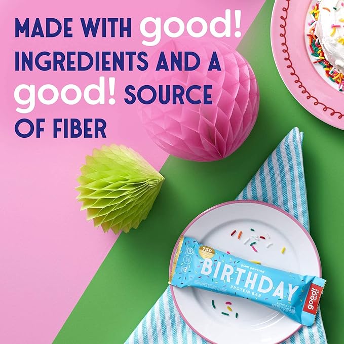good! Snacks Birthday Cake Vegan Protein Bar, Soy & Gluten Free, Plant Based, Low Sugar, 15g Clean Protein, Natural Healthy Superfood Snack, Kosher Friendly, For Athletes & Active Lifestyles, 12 Bars