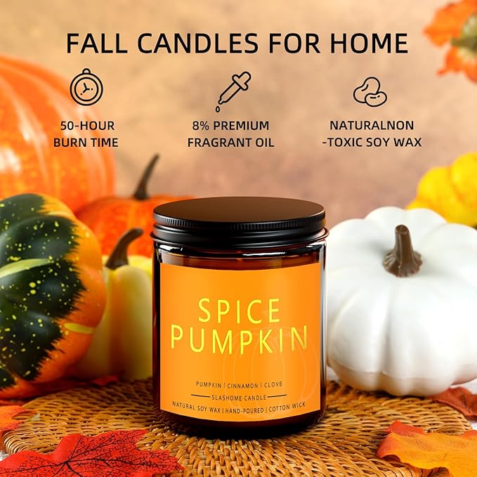 Pumpkin Spice Candle 7 Oz, Warm Pumpkin Spice & Sweet Vanilla Fall Scented Candles for Cozy Autumn Home Décor, Perfect Fall Gift for Pumpkin Lovers, 50 Hour Long Burn