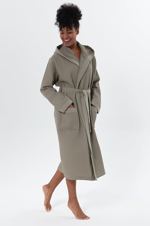 SEYANTE Women’s Luxury Waffle Shawl Collar, Hooded Robe w Piping – Lightweight, Long, Ultra Soft Spa Sleepwear Bathrobe