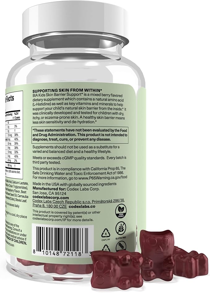 Codex Labs Kids Skin Barrier Support Gummies - Mixed Berry Flavor L-Histidine with Vitamins & Zinc - 60 Gummies for Sensitive or Eczema-Prone Skin - Non-GMO Vegan Supplement