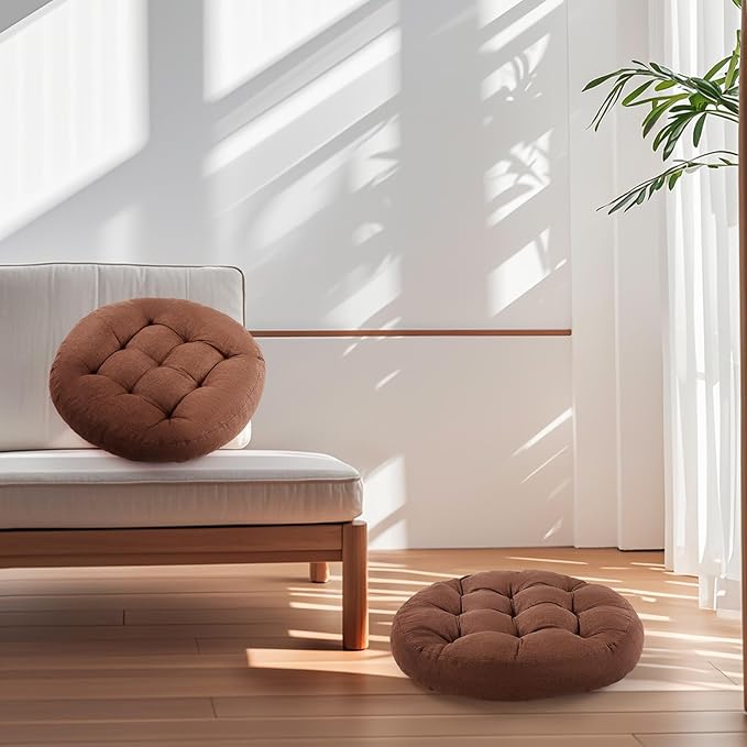 Meditation Floor Pillow, Round Floor Cushions for Adults, Button Tufted Seat Cushions for Yoga Tatami Living Room, Brown, 22 x 22 x 4 in