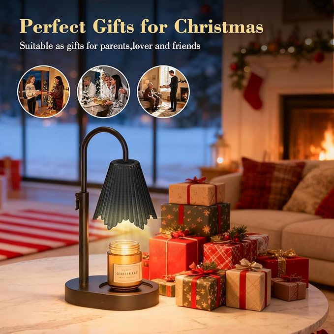 Candle Warmer Lamp with Adjustable Height - Flameless 4-Level Dimmable Wax Warmer with Colorful Glass Shade & Wooden Base, Timer Function & Stylish Design in Multiple Colors(Black 2)