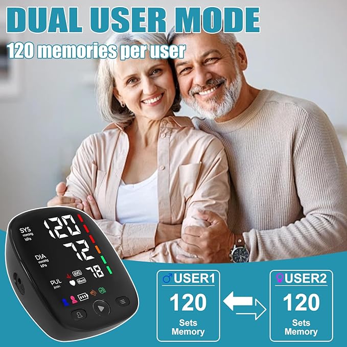 HAQQI Upper Arm Electronic Blood Pressure Monitor,Automatic Accurate Blood Pressure Machine for Home Use with LED Backlit Display Large Cuff Heart Rate Detection 2x120 Records(Black)