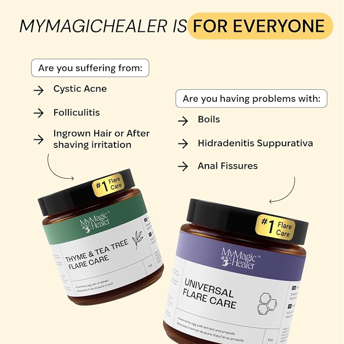 MyMagicHealer Universal Flare Care | Essential Oil Free | Relief for Rashes, Eczema, Psoriasis, Hidradenitis Suppurativa, Impetigo, Dermatitis, Wound Care, Sensitive Skin w/Propolis & Egg Yolk 4 oz