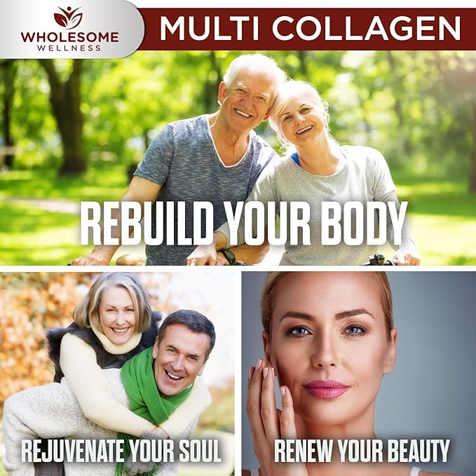 Wholesome Wellness Super-Absorb Multi Collagen Pills (Type I II III V X) Organic Herbs & Bioperine - Hair, Skin, Nails - Hydrolyzed Peptides Protein Supplement for Women & Men (90 Capsules)
